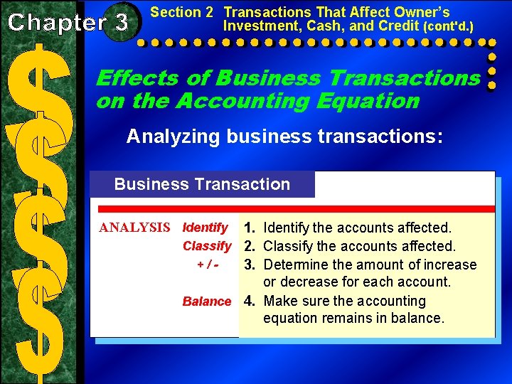 Section 2 Transactions That Affect Owner’s Investment, Cash, and Credit (cont'd. ) Effects of