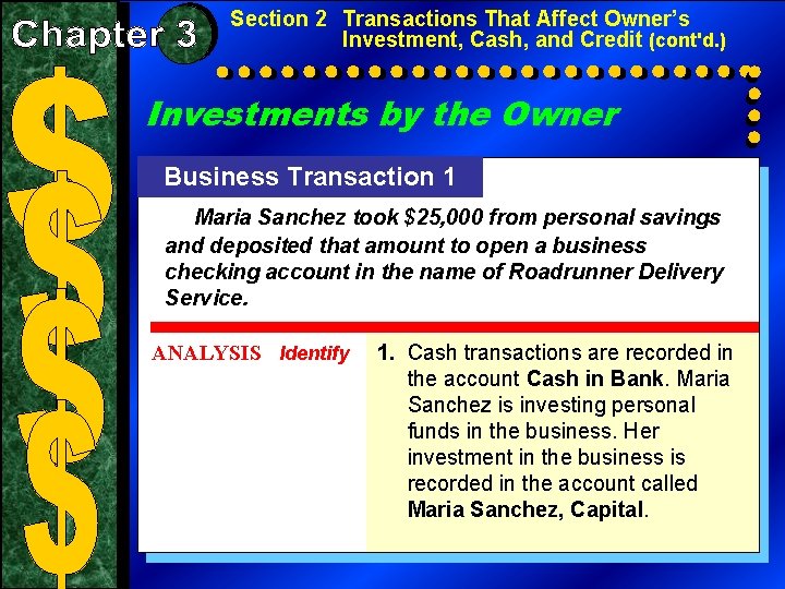 Section 2 Transactions That Affect Owner’s Investment, Cash, and Credit (cont'd. ) Investments by