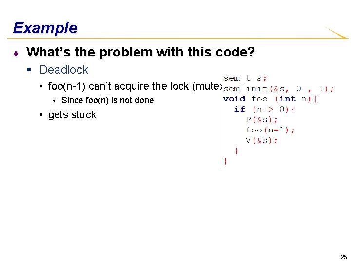 Example ♦ What’s the problem with this code? § Deadlock • foo(n-1) can’t acquire