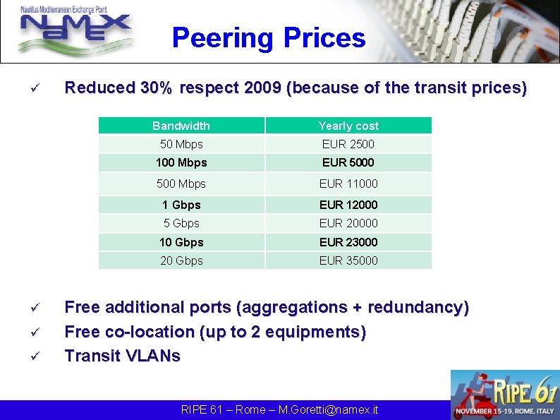 Peering Prices ü ü Reduced 30% respect 2009 (because of the transit prices) Bandwidth