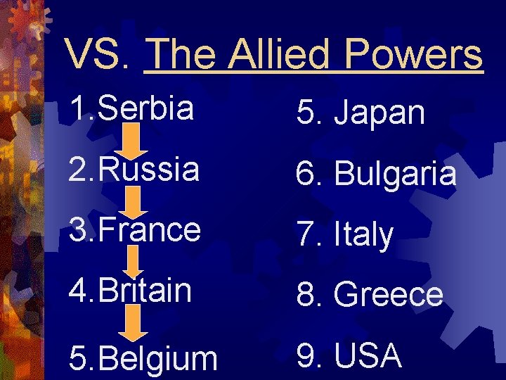 VS. The Allied Powers 1. Serbia 5. Japan 2. Russia 6. Bulgaria 3. France