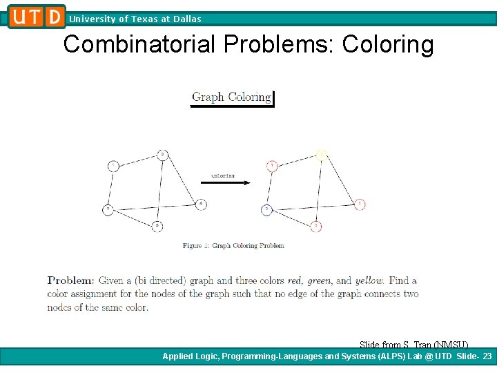 University of Texas at Dallas Combinatorial Problems: Coloring Slide from S. Tran (NMSU) Applied University of Texas at Dallas Combinatorial Problems: Coloring Slide from S. Tran (NMSU) Applied