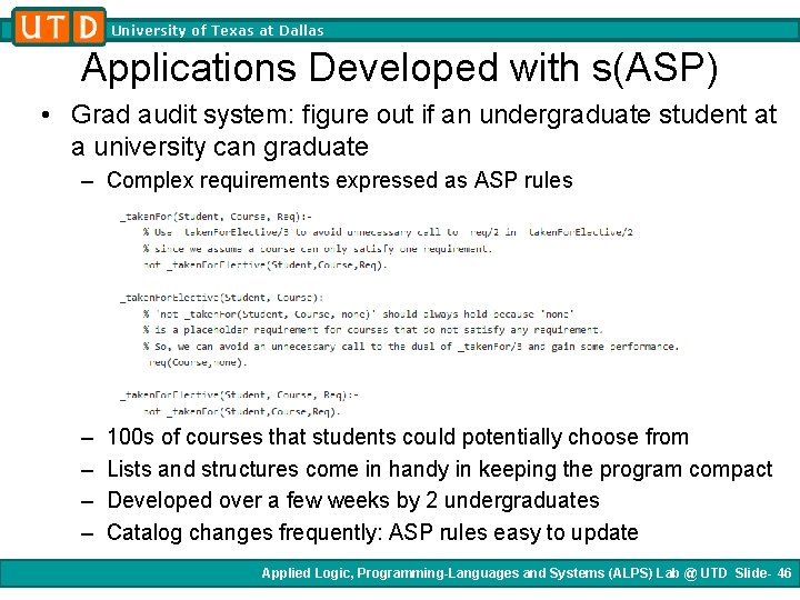 University of Texas at Dallas Applications Developed with s(ASP) • Grad audit system: figure University of Texas at Dallas Applications Developed with s(ASP) • Grad audit system: figure