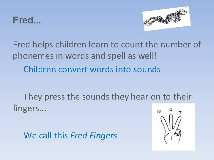 Fred. . . Fred helps children learn to count the number of phonemes in