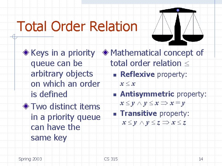 Total Order Relation Keys in a priority queue can be arbitrary objects on which Total Order Relation Keys in a priority queue can be arbitrary objects on which