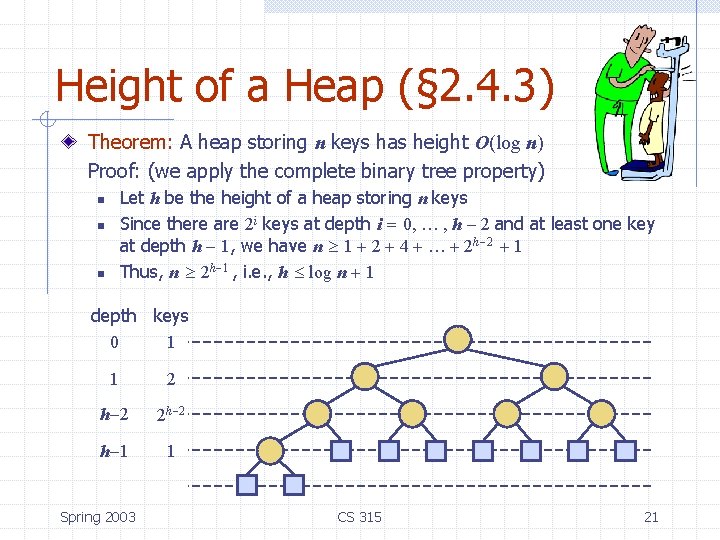 Height of a Heap (§ 2. 4. 3) Theorem: A heap storing n keys Height of a Heap (§ 2. 4. 3) Theorem: A heap storing n keys