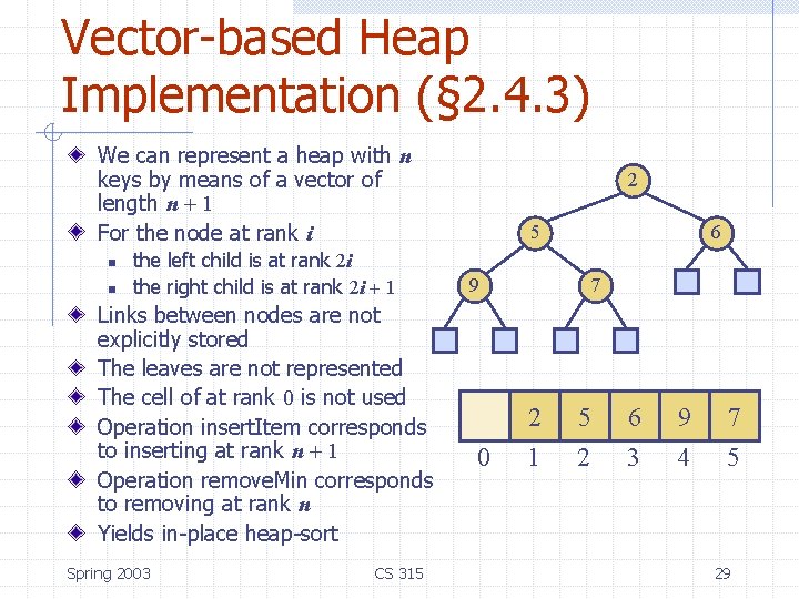 Vector-based Heap Implementation (§ 2. 4. 3) We can represent a heap with n Vector-based Heap Implementation (§ 2. 4. 3) We can represent a heap with n