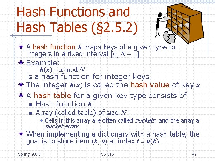 Hash Functions and Hash Tables (§ 2. 5. 2) A hash function h maps Hash Functions and Hash Tables (§ 2. 5. 2) A hash function h maps