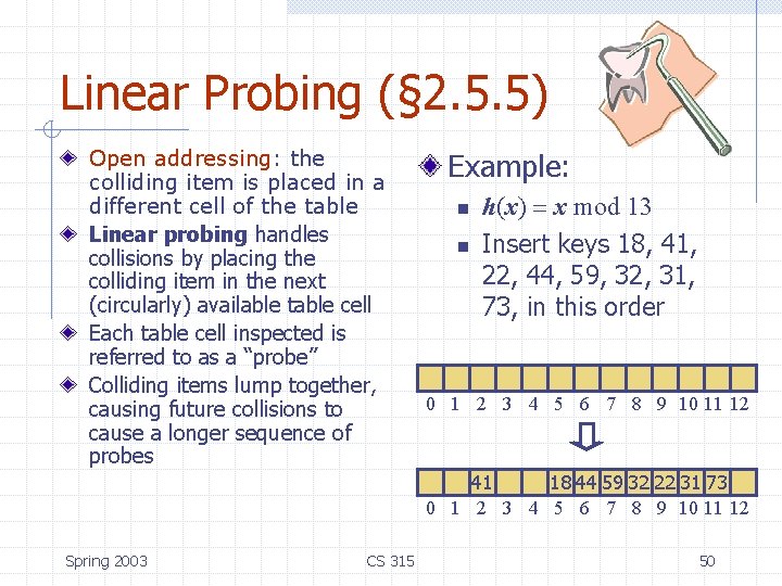 Linear Probing (§ 2. 5. 5) Open addressing: the colliding item is placed in Linear Probing (§ 2. 5. 5) Open addressing: the colliding item is placed in