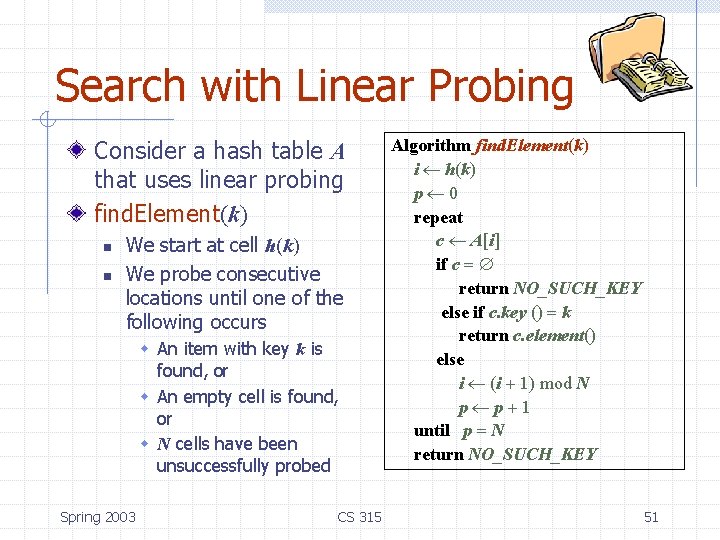 Search with Linear Probing Consider a hash table A that uses linear probing find. Search with Linear Probing Consider a hash table A that uses linear probing find.