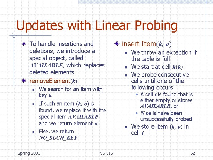 Updates with Linear Probing To handle insertions and deletions, we introduce a special object, Updates with Linear Probing To handle insertions and deletions, we introduce a special object,