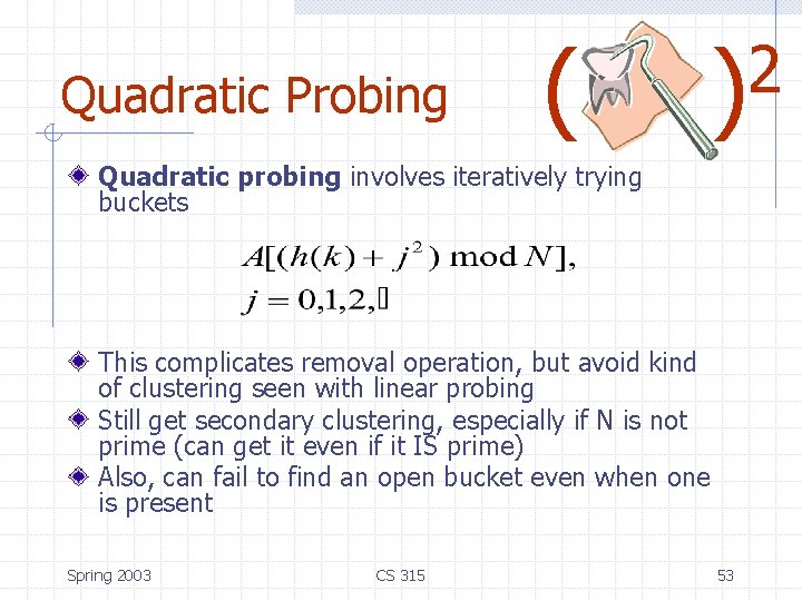 Quadratic Probing ( 2 ) Quadratic probing involves iteratively trying buckets This complicates removal Quadratic Probing ( 2 ) Quadratic probing involves iteratively trying buckets This complicates removal