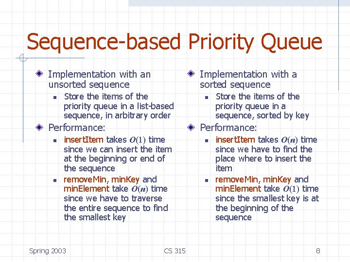 Sequence-based Priority Queue Implementation with an unsorted sequence n Implementation with a sorted sequence Sequence-based Priority Queue Implementation with an unsorted sequence n Implementation with a sorted sequence