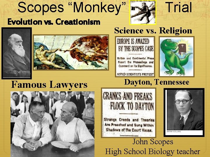 Scopes “Monkey” Evolution vs. Creationism Famous Lawyers Trial Science vs. Religion Dayton, Tennessee John Scopes “Monkey” Evolution vs. Creationism Famous Lawyers Trial Science vs. Religion Dayton, Tennessee John