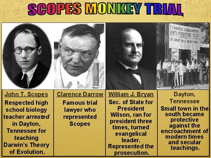 John T. Scopes Respected high school biology teacher arrested in Dayton, Tennessee for teaching John T. Scopes Respected high school biology teacher arrested in Dayton, Tennessee for teaching