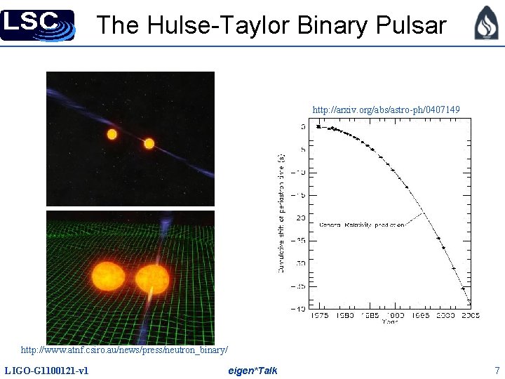 The Hulse-Taylor Binary Pulsar http: //arxiv. org/abs/astro-ph/0407149 http: //www. atnf. csiro. au/news/press/neutron_binary/ LIGO-G 1100121