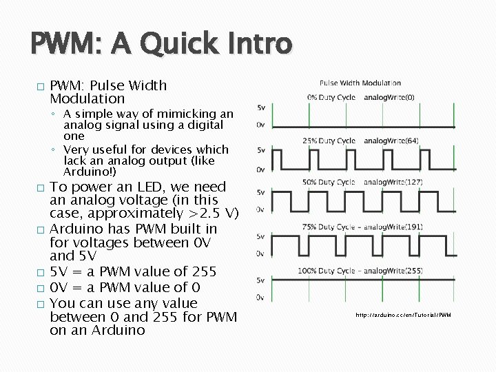 PWM: A Quick Intro � PWM: Pulse Width Modulation ◦ A simple way of