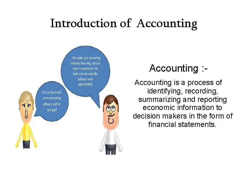 Introduction of Accounting : Accounting is a process of identifying, recording, summarizing and reporting