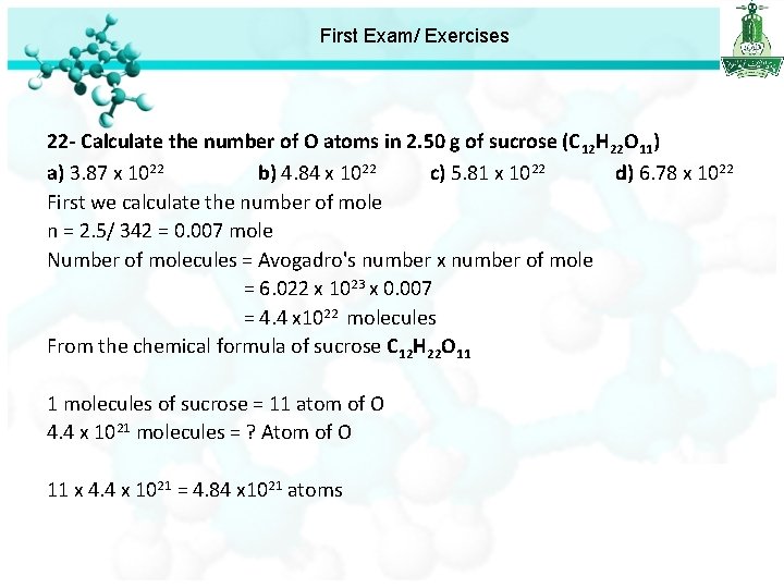 First Exam/ Exercises 22 - Calculate the number of O atoms in 2. 50