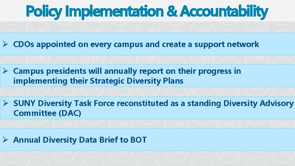 Policy Implementation & Accountability Ø CDOs appointed on every campus and create a support