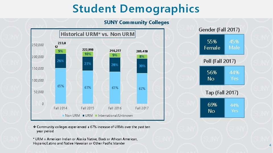 Student Demographics SUNY Community Colleges Gender (Fall 2017) Historical URM* vs. Non URM 250,