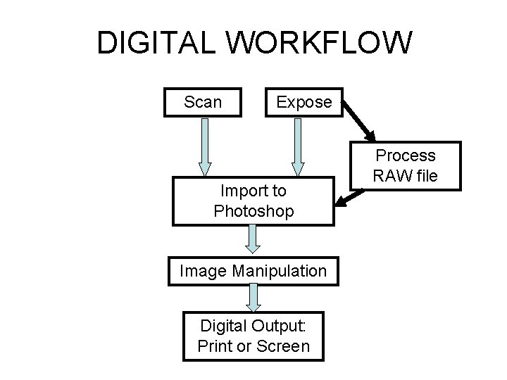 DIGITAL WORKFLOW Scan Expose Import to Photoshop Image Manipulation Digital Output: Print or Screen