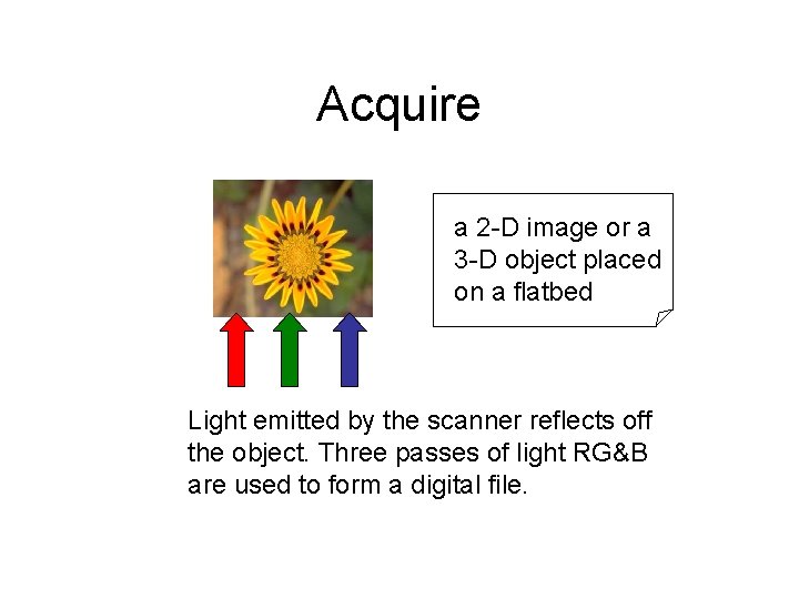 Acquire a 2 -D image or a 3 -D object placed on a flatbed