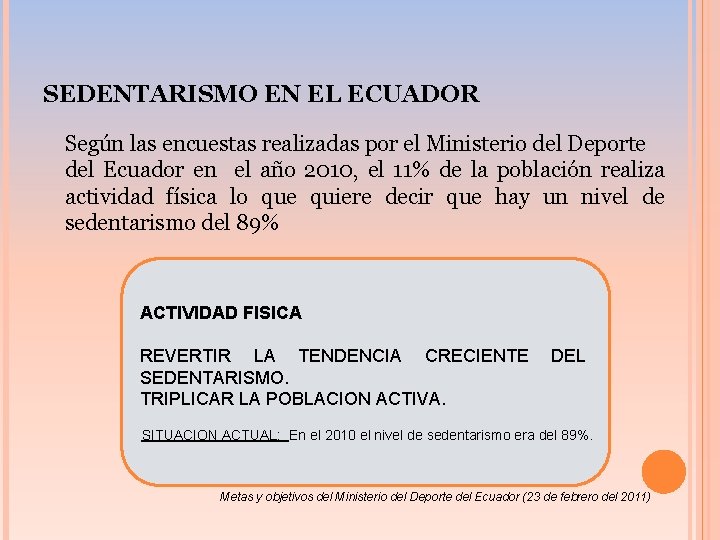 SEDENTARISMO EN EL ECUADOR Según las encuestas realizadas por el Ministerio del Deporte del