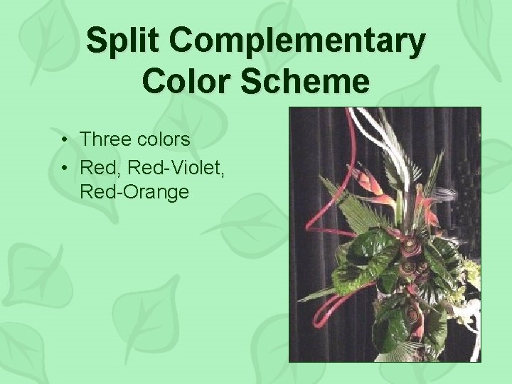 Split Complementary Color Scheme • Three colors • Red, Red-Violet, Red-Orange 