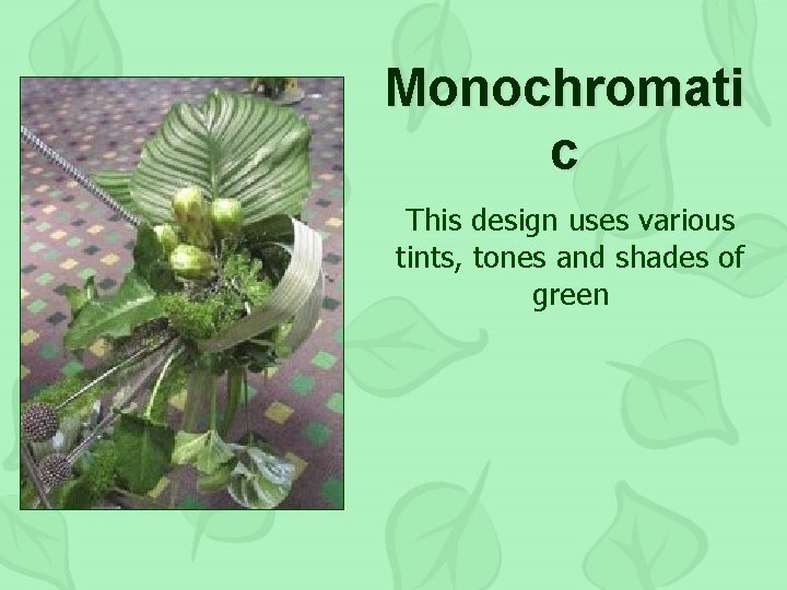 Monochromati c This design uses various tints, tones and shades of green 