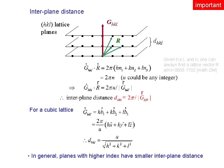 important Inter-plane distance (hkl) lattice planes Ghkl R dhkl Given h, k, l, and