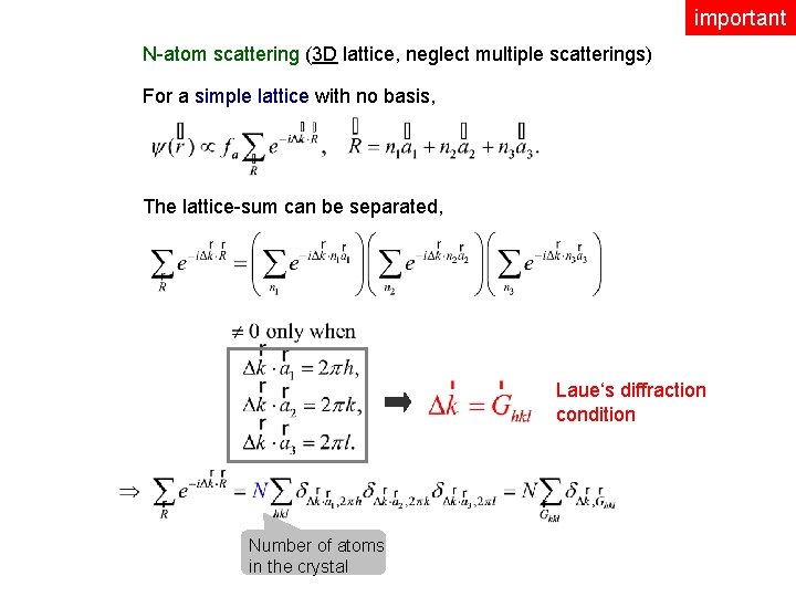 important N-atom scattering (3 D lattice, neglect multiple scatterings) For a simple lattice with