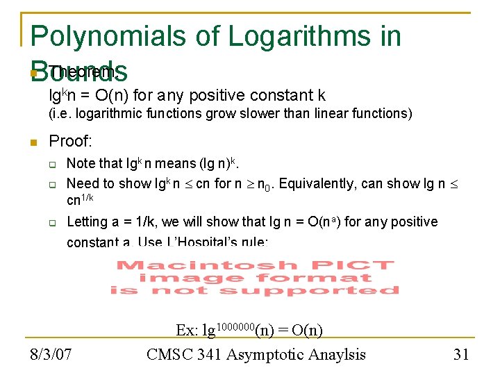 Polynomials of Logarithms in Theorem: Bounds lgkn = O(n) for any positive constant k