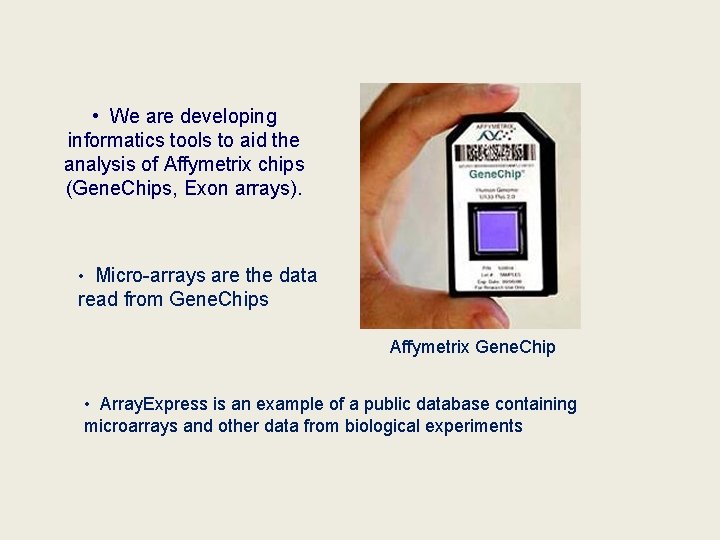  • We are developing informatics tools to aid the analysis of Affymetrix chips