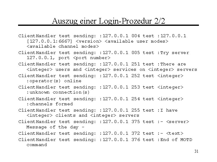 Auszug einer Login-Prozedur 2/2 Client. Handler test sending: : 127. 0. 0. 1 004