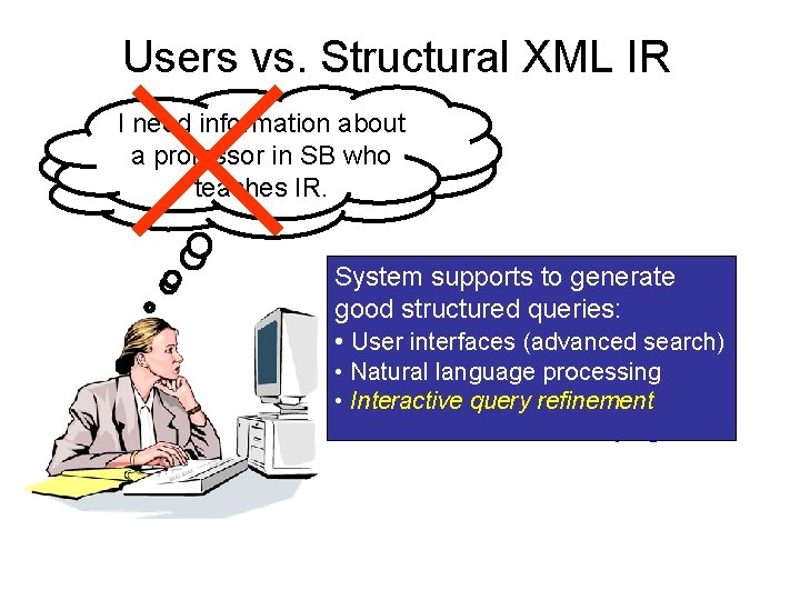 Users vs. Structural XML IR I need information about //professor[contains(. , SB) a professor