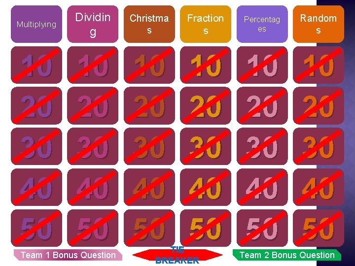 Multiplying Dividin g Christma s Fraction s Percentag es Random s 10 20 30