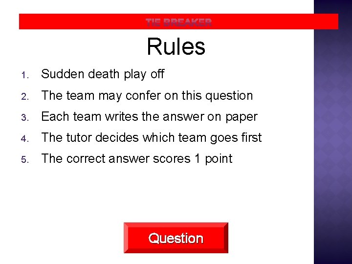 Rules 1. Sudden death play off 2. The team may confer on this question