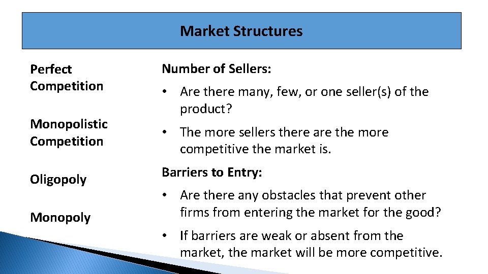 Market Structures Perfect Competition Monopolistic Competition Oligopoly Monopoly Number of Sellers: • Are there