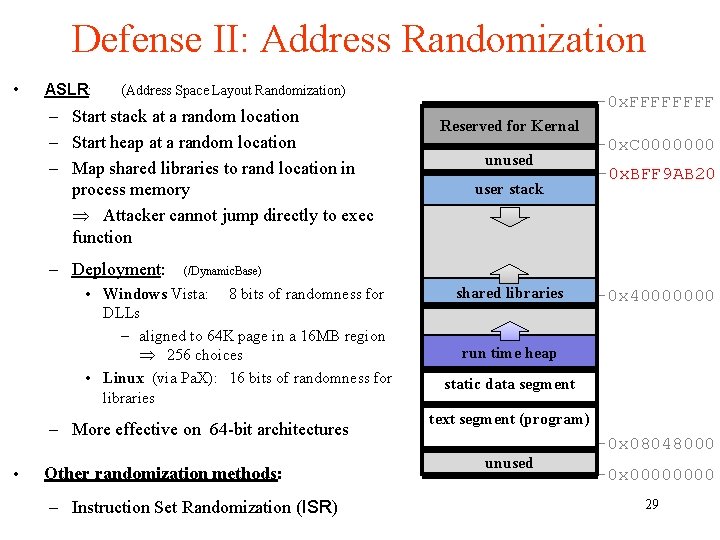 Defense II: Address Randomization • ASLR: (Address Space Layout Randomization) – Start stack at