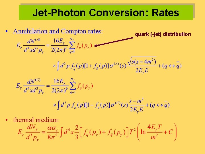Jet-Photon Conversion: Rates • Annihilation and Compton rates: • thermal medium: quark (-jet) distribution