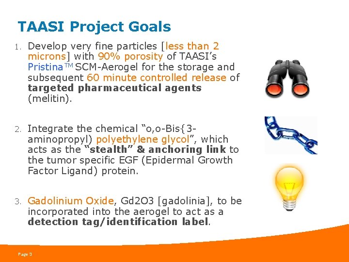 TAASI Project Goals 1. Develop very fine particles [less than 2 microns] with 90%