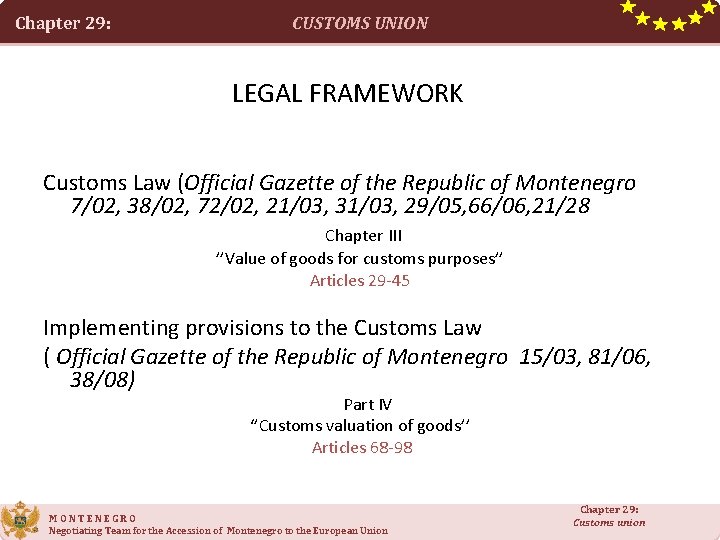 Chapter 29: CUSTOMS UNION LEGAL FRAMEWORK Customs Law (Official Gazette of the Republic of