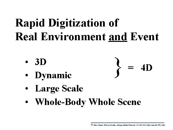 Rapid Digitization of Real Environment and Event • • } 3 D = 4