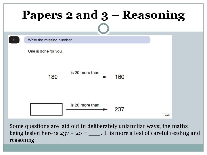 Papers 2 and 3 – Reasoning Some questions are laid out in deliberately unfamiliar