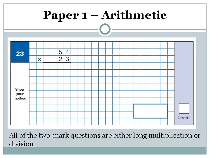 Paper 1 – Arithmetic All of the two-mark questions are either long multiplication or