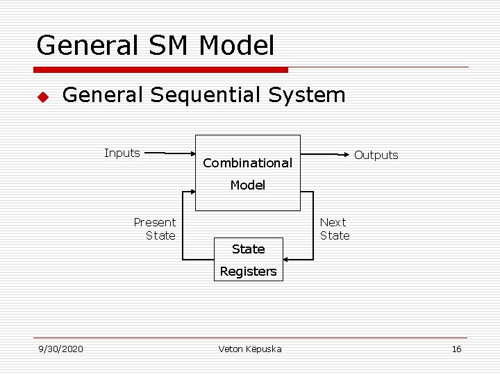 General SM Model u General Sequential System Inputs Outputs Combinational Model Present State Next