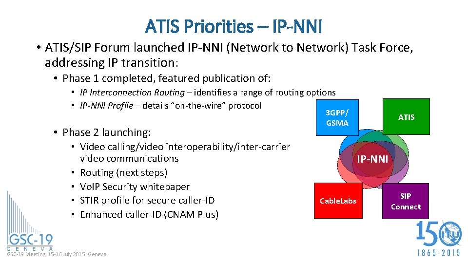 ATIS Priorities – IP-NNI • ATIS/SIP Forum launched IP-NNI (Network to Network) Task Force,