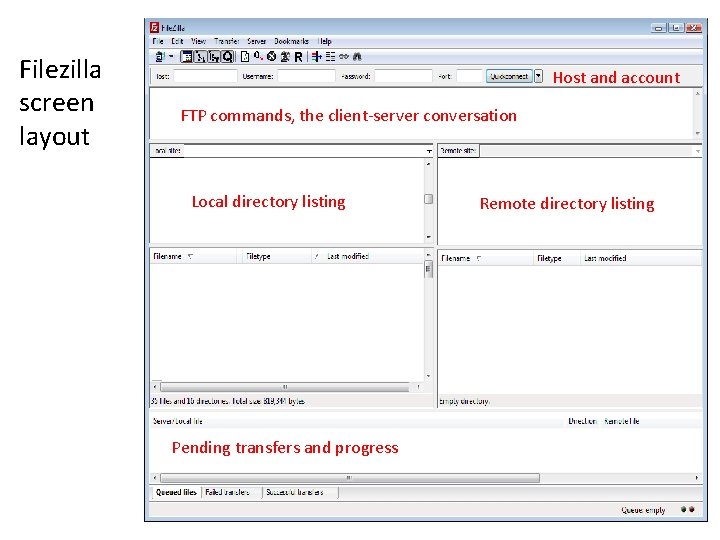 Filezilla screen layout Host and account FTP commands, the client-server conversation Local directory listing Filezilla screen layout Host and account FTP commands, the client-server conversation Local directory listing