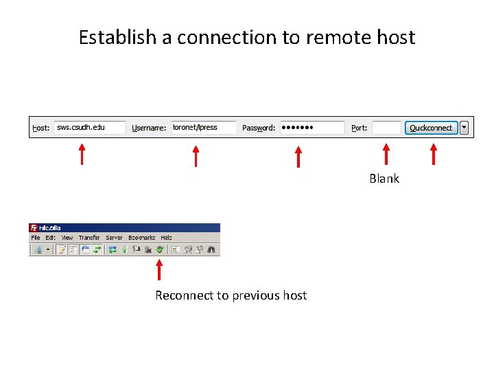 Establish a connection to remote host Blank Reconnect to previous host Establish a connection to remote host Blank Reconnect to previous host